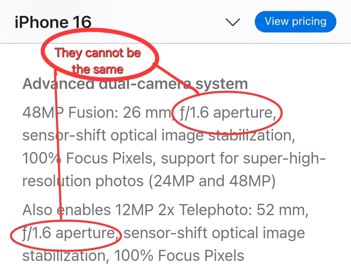 🚨 Caught this from today’s Apple Event, and it feels pretty misguided 🚨

Apple is calling the same Main Camera a 2x Telephoto Camera. But here’s the thing—it’s just a sensor crop from the Main Lens. 

While they claim it's "lossless quality," it’s misleading to make people
