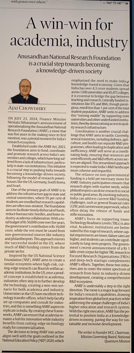 IndiaDST's tweet photo. #IndiaExpress - The Anusandhan National Research Foundation #ANRF aims to make India a knowledge-driven economy.

@PMOIndia @DrJitendraSingh @PrinSciAdvGoI @karandi65 @mygovindia @PIB_India @AjaiChowdhry 

https://t.co/beExD2kW5T https://t.co/yya4iFCbYG