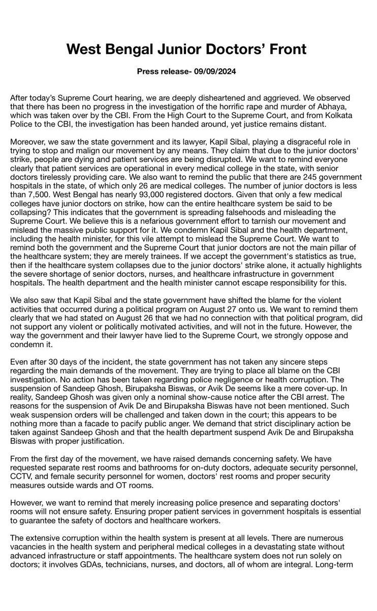 Indian__doctor's tweet photo. WBJDF PRESS RELEASE 09.09.2024
★Cease work will continue until demands met"

★Today Swasthya Bhawan Avijan" 

देश की इज्जत का सवाल है !!
रुकेंगे नही झुकेंगे नही !!👬👭👫👭👬
@AITCofficial @BJP4India @MoHFW_INDIA
#JusticeForRGKar #RGKarProtest https://t.co/pHgfsr67j0