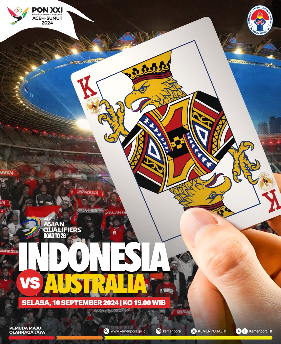 📢 IT'S #TIMNASDAY‼️ 

Sobatpora, Timnas Indonesia akan menghadapi Australia pada lanjutan Grup C putaran ketiga babak Kualifikasi Piala Dunia 2026 zona Asia, di Stadion Utama Gelora Bung Karno ⚽️

Ayo kita kawal perjuangan Timnas Garuda! 🇮🇩🦅

#Kemenpora
#PemudaMajuOlahragaJaya