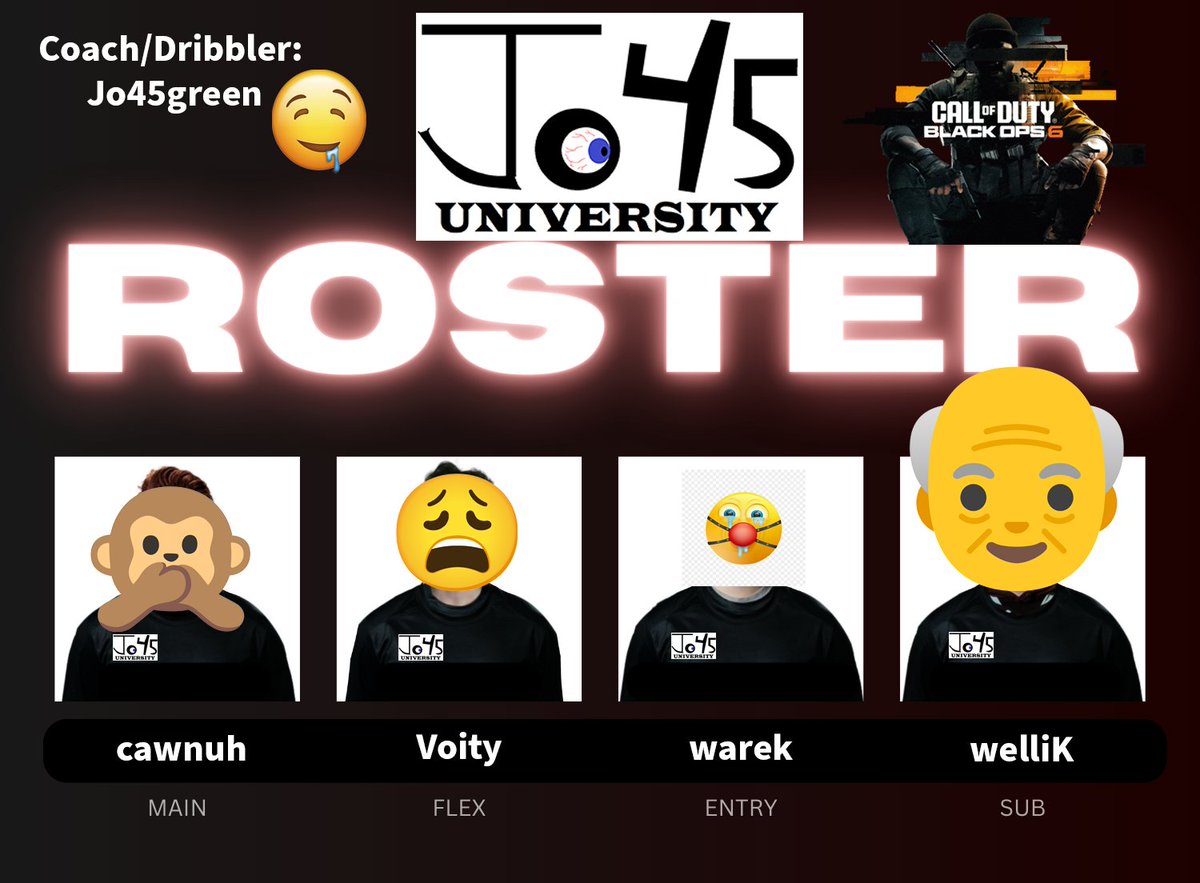 🚨Roster Announcement🚨

🔥Our first Black Ops 6 Call of Duty Roster🔥

👤cawnuh (AR) | <a href="/cawnurogk/">.</a>
👤Voity (Flex) | <a href="/victorbuch10/">Victor "Verty" Buch</a>
👤warek (Entry) | @zarek_k
👤welliK (Sub) | <a href="/relliK_CoD/">John Schone</a>

👤Jo45green (Coach) | <a href="/chan_wiard15/">Chan Wiard</a>

#jo45university #dribblers #dribblethemout