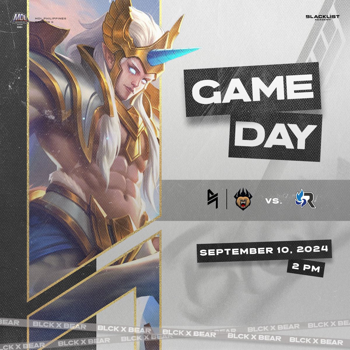 BLACKLISTINTL's tweet photo. Agents, are you ready for week 3?
Show us your support by watching our match against RSGX today at 3pm. Agents, let's roar!
#BlacklistAcademy #BearEsports | #MDLPHS4 https://t.co/6ZlqPAebiz