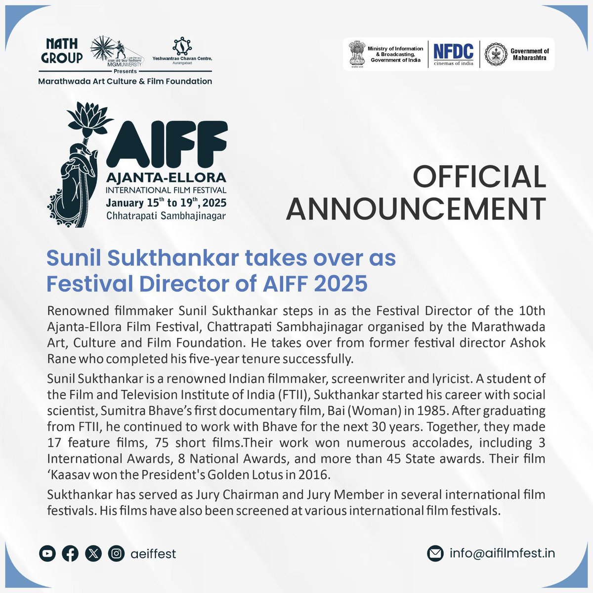 Ajanta-Ellora International Film Festival (@aeiffest) on Twitter photo We are thrilled to announce that Mr. <a href="/sukthankar_s/">Sunil Sukthankar</a>, esteemed filmmaker, National Award recipient, has stepped in as the Festival Director for the 10th <a href="/aeiffest/">Ajanta-Ellora International Film Festival</a>
His extensive experience and passion for cinema is sure to further enrich the festival.
Let's give him a warm welcome! We are thrilled to announce that Mr. <a href="/sukthankar_s/">Sunil Sukthankar</a>, esteemed filmmaker, National Award recipient, has stepped in as the Festival Director for the 10th <a href="/aeiffest/">Ajanta-Ellora International Film Festival</a>
His extensive experience and passion for cinema is sure to further enrich the festival.
Let's give him a warm welcome!