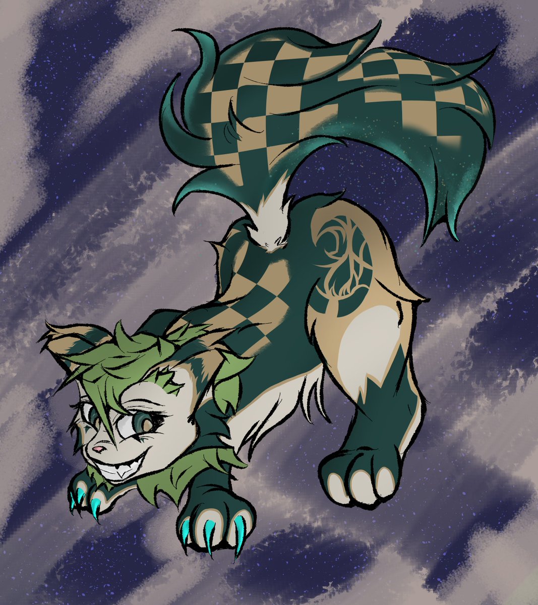 Did a quick doodle of my new fursona as a feral ready to pounce!

I also got a commission from EdgyCatWolf, who does some really good grins so I also wanted to incorporate a smirky grin.

#fursona #feralCat #furry