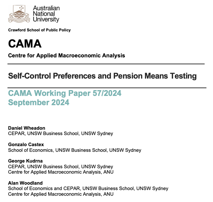 ANU CAMA (@camacroanalysis) on Twitter photo New CAMA working paper (Vol: 57/2024): ‘Self-Control Preferences and Pension Means Testing’, by Daniel Wheado, Gonzalo Castex, George Kudrna and Alan Woodland <a href="/CEPAR_research/">CEPAR</a> <a href="/UNSWEcon/">UNSW Economics</a>
Read it at bit.ly/4dSVvkL
<a href="/ANUCrawford/">ANU Crawford School of Public Policy</a> New CAMA working paper (Vol: 57/2024): ‘Self-Control Preferences and Pension Means Testing’, by Daniel Wheado, Gonzalo Castex, George Kudrna and Alan Woodland <a href="/CEPAR_research/">CEPAR</a> <a href="/UNSWEcon/">UNSW Economics</a>
Read it at bit.ly/4dSVvkL
<a href="/ANUCrawford/">ANU Crawford School of Public Policy</a>