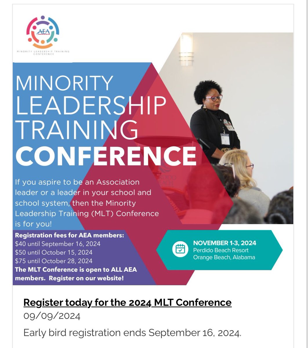 Susan4AEA's tweet photo. Registration is now open for the 2024 AEA Minority Leadership Training (MLT) Conference at Perdido Beach Resort, Orange Beach, AL! 
The early bird registration fee of $40 is available until September 16, 2024. For conference information, visit https://t.co/9xwsJeYRJR. 
#myAEA https://t.co/KtA6Wixfwn