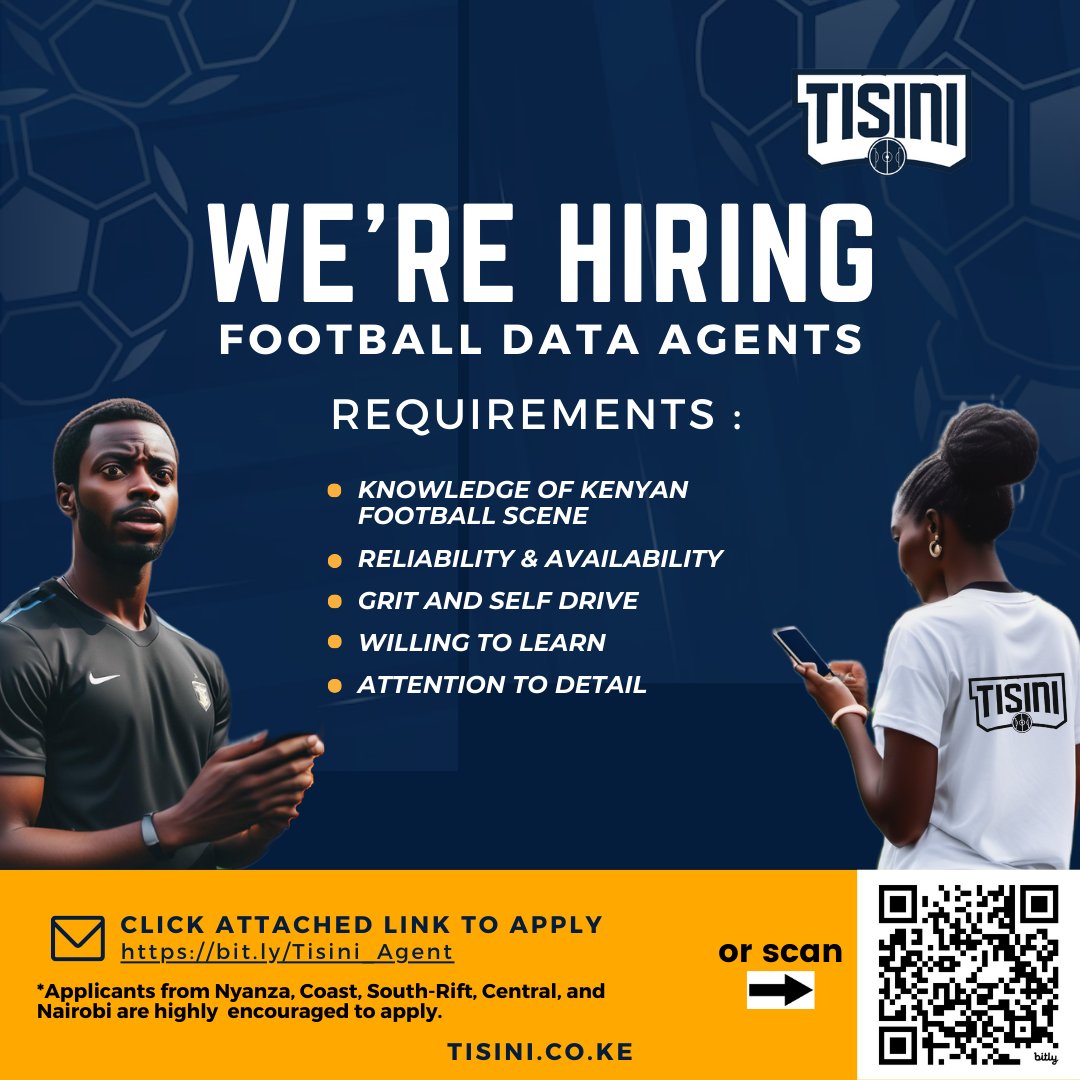 Are you passionate about Kenyan football and data?
Tisini, Kenya's leading sports tech company providing match data and analysis is looking for you. 
Join us and be part of the Tech and Data Revolution. 
Click here to Apply. 
bit.ly/Tisini_Agent
#FootballKE