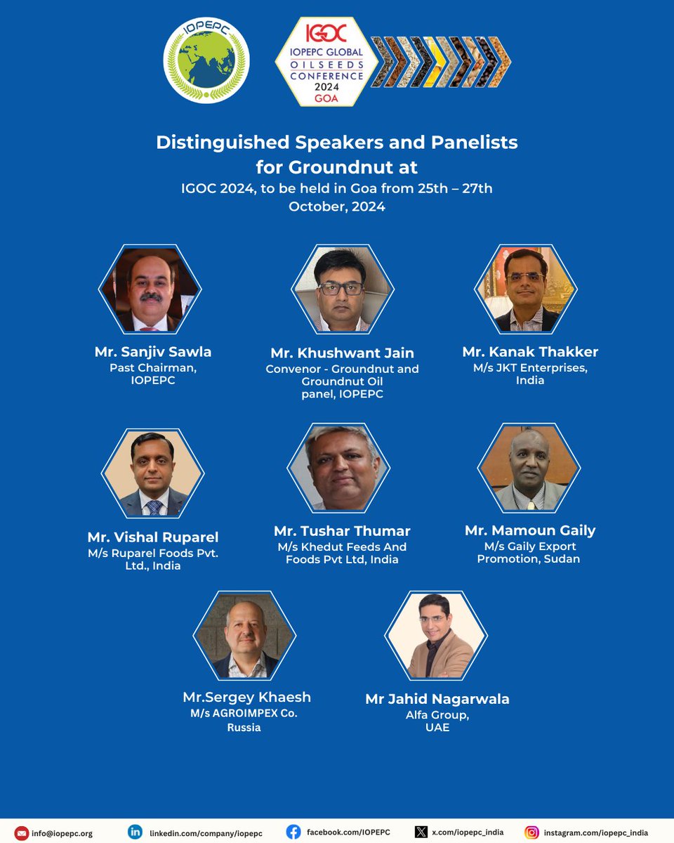 iopepc_india's tweet photo. "Excited to welcome these esteemed speakers at IGOC 2024! ๐ Join us in Goa from October 25th to 27th for deep insights on groundnut and the oilseeds industry. Don't miss out."
#IOPEPC #IGOC2024 #Groundnut #Oilseed https://t.co/NgBt7DMvkl