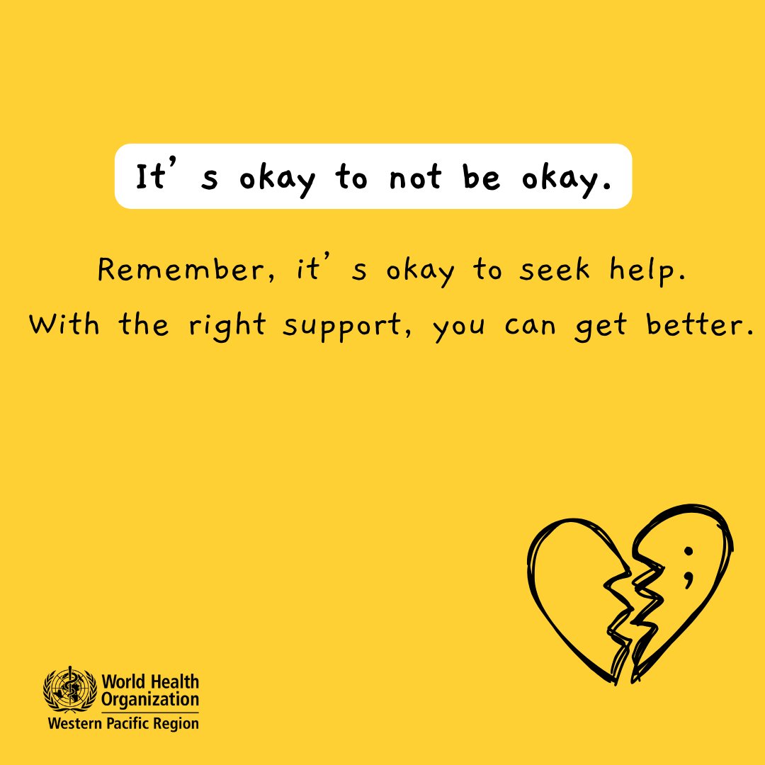 #Depression can happen to anyone. It is an illness - 
asking for help is not a sign of weakness. Depression can be treated.

If you think that you have #depression, remember: Don’t be afraid to seek help. With the right support, you can get better.

#WorldSuicidePreventionDay