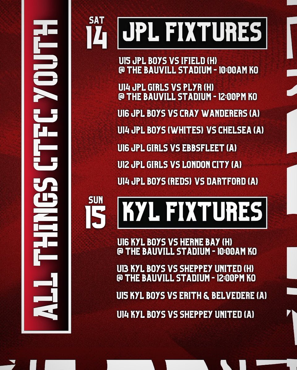 𝗔𝗟𝗟 𝗧𝗛𝗜𝗡𝗚𝗦 𝗖𝗧𝗙𝗖 𝗬𝗢𝗨𝗧𝗛!

Check out all our @JPLUK and <a href="/KentYouthLeague/">KentYouthLeague</a> fixtures coming up this weekend! ⚽️

🔴⚪️⚫️ #UpTheChats