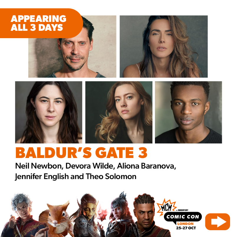 MCMComicCon's tweet photo. The cast of Baldur's Gate 3 are headed to the show this October! 🤩

Neil Newbon, Devora Wilde, Aliona Baranova, Jennifer English and Theo Solomon will be joining us for photo ops and autographs. Panel info coming soon!

Get tickets: https://t.co/MA9zgc2E7Y