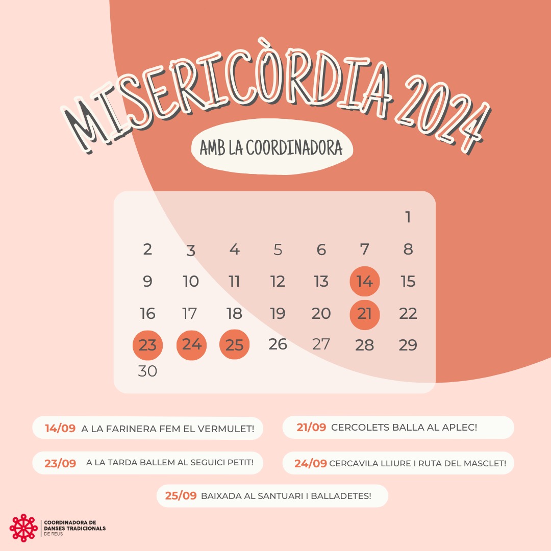 dansesreus's tweet photo. 👉 A pocs dies d'engegar les Festes de la Mare de Déu de Misericòrdia us ensenyem els actes on participarem! Ens veiem pels carrers! 🏵🌸

#misericòrdia2024 
#ReusCultura https://t.co/MXPuGZqthQ