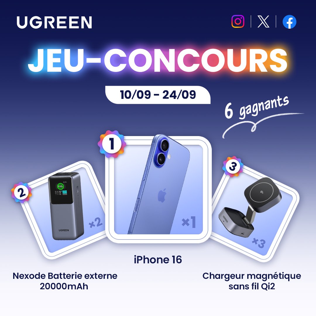 #CONCOURS Pour la sortie du nouveau iPhone 16, UgreenFr vous offre la chance de remporter un Iphone 16 et de nombreux produits Ugreen !

6 gagnants au total seront tires au sort parmi les participants sur nos 3 réseaux sociaux ( Instagram, facebook et X : liens dans les