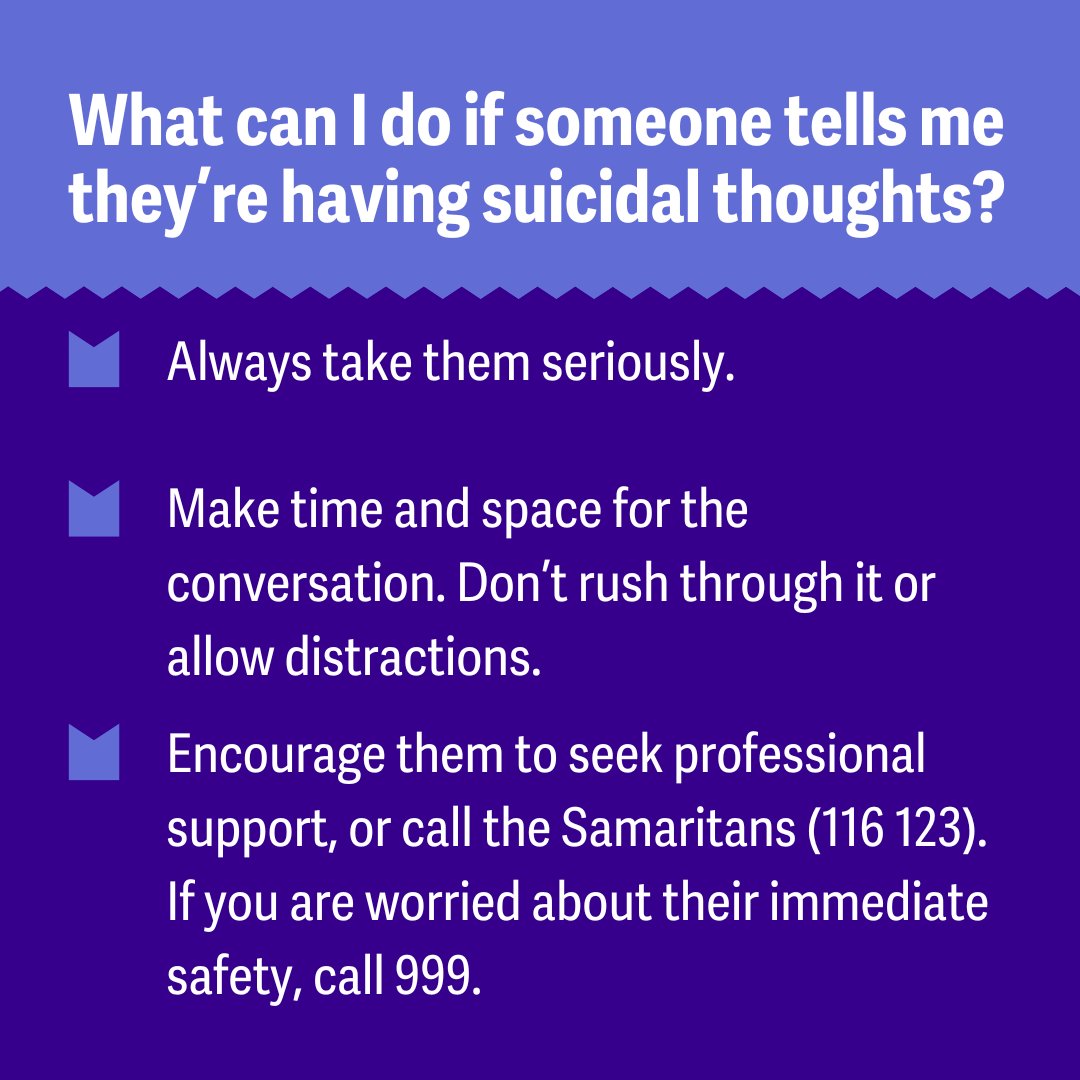 mentalhealth's tweet image. It's World Suicide Prevention Day, and we're spreading the message that it's ok to talk about suicide.
If someone tells you they are having suicidal thoughts, there are ways we can make them feel safe and supported in that conversation. Read more here: bit.ly/4ge4qif