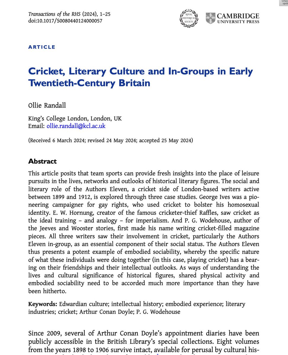 RoyalHistSoc's tweet image. How can studies of group activities inform our understanding of historical figures? 

Ollie Randall's article, 'Cricket, Literary Culture and In-Groups’, explores the ‘Authors XI’, a cricket team of writers active between 1899 &amp;amp; 1912 bit.ly/4ec1dOa #twitterstorians 2/2