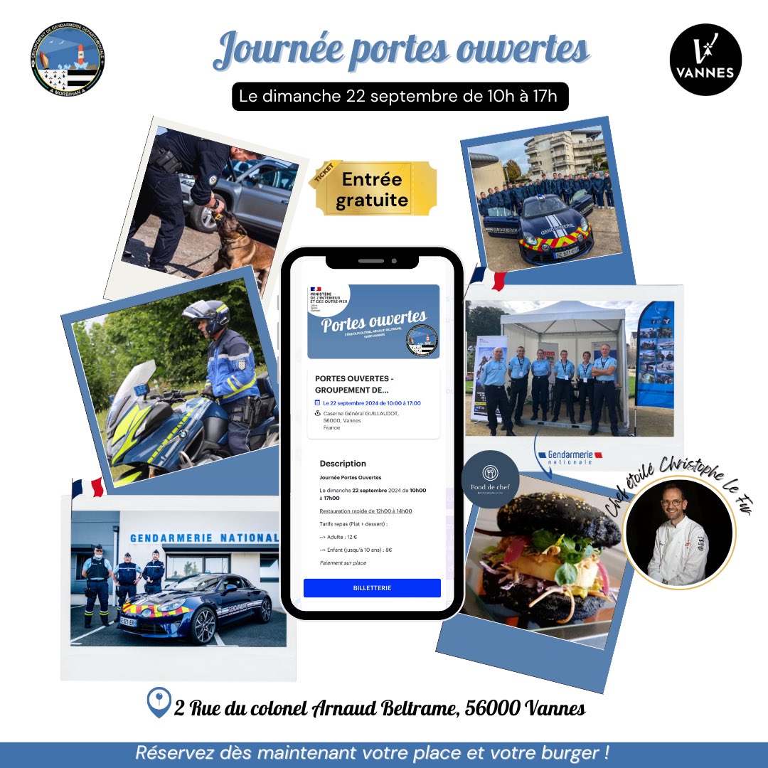[ Journée Portes Ouvertes le 22/09 - 👮]

Venez à la rencontre de nos unités lors de notre journée portes ouvertes du dimanche 22 septembre pour découvrir les coulisses du Groupement de Gendarmerie Départementale du Morbihan ! ✨                         

#ggd56 #jpo