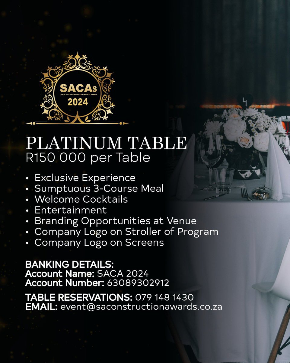sa_constawards's tweet image. The Platinum package is available for purchase 

Book your table package now for an evening of recognition, inspiration, and unmatched opportunities. 

Limited availability—reserve today!

#SACAs2024 #TableBookings #SACAs #ConstructionAwards #BookYourTable #PlatinumPackage