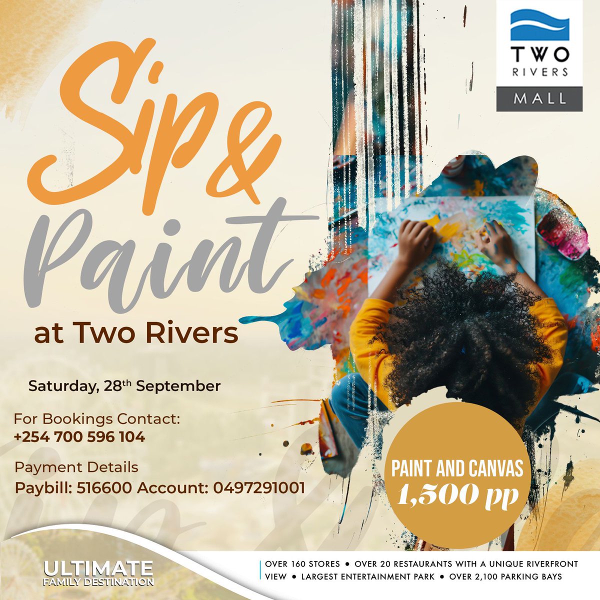 TheFuse984's tweet photo. Ready to unleash your creativity? For only KES 1,500, we provide the canvas, paint, and endless fun! 

Mark your calendar for Sept 28, 2-7pm at Two Rivers! 🎨🎉

#SeptemberSalebration #TRSipandPaint https://t.co/vbuhL4415O
