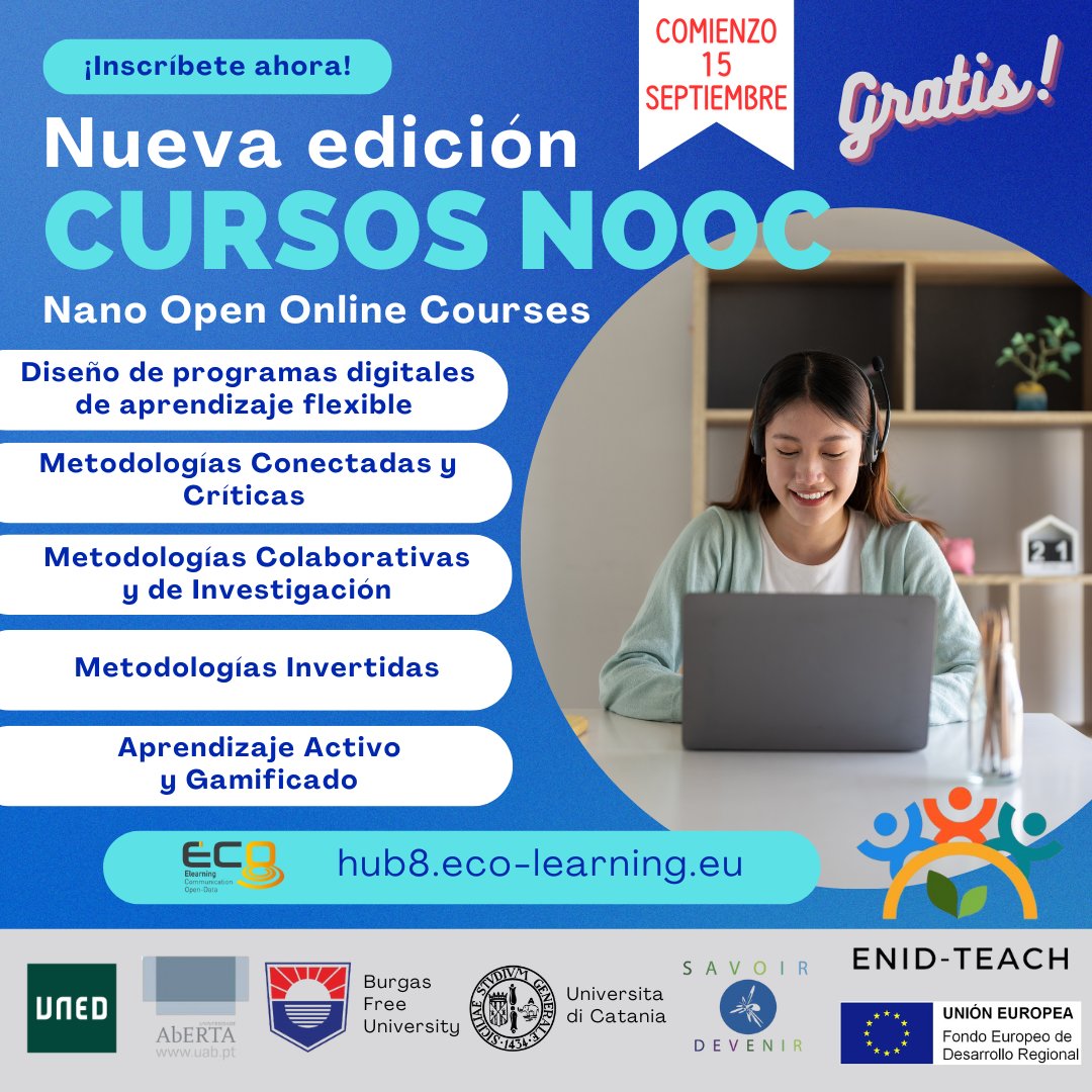 🚀 ¡No pierdas esta oportunidad! 
Última edición de 5 cursos #NOOC gratuitos 🎓
✨ Financiados por la Unión Europea, estos cursos te ayudarán a mejorar tus habilidades digitales en educación.  
✅ ¡Matrícula abierta y 100% gratuita!
🔗 Únete ahora: hub8.eco-learning.eu
