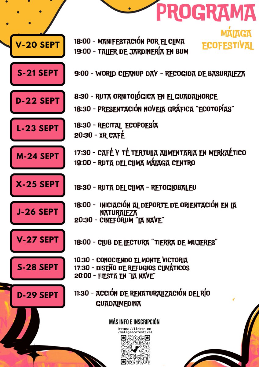 AndaLimpia's tweet photo. 🙆🏼 ¿Aún no has visto la programación del Málaga EcoFestival 2024?

📝 Aquí te la dejamos para que no pierdas detalle.

👍🏼 Recuerda que accediendo a https://t.co/jvLH4AkQ4f podrás consultar más detalles en el "Catálogo de actividades" e inscribirte en "Inscripción a actividades". https://t.co/sKFa165vRw