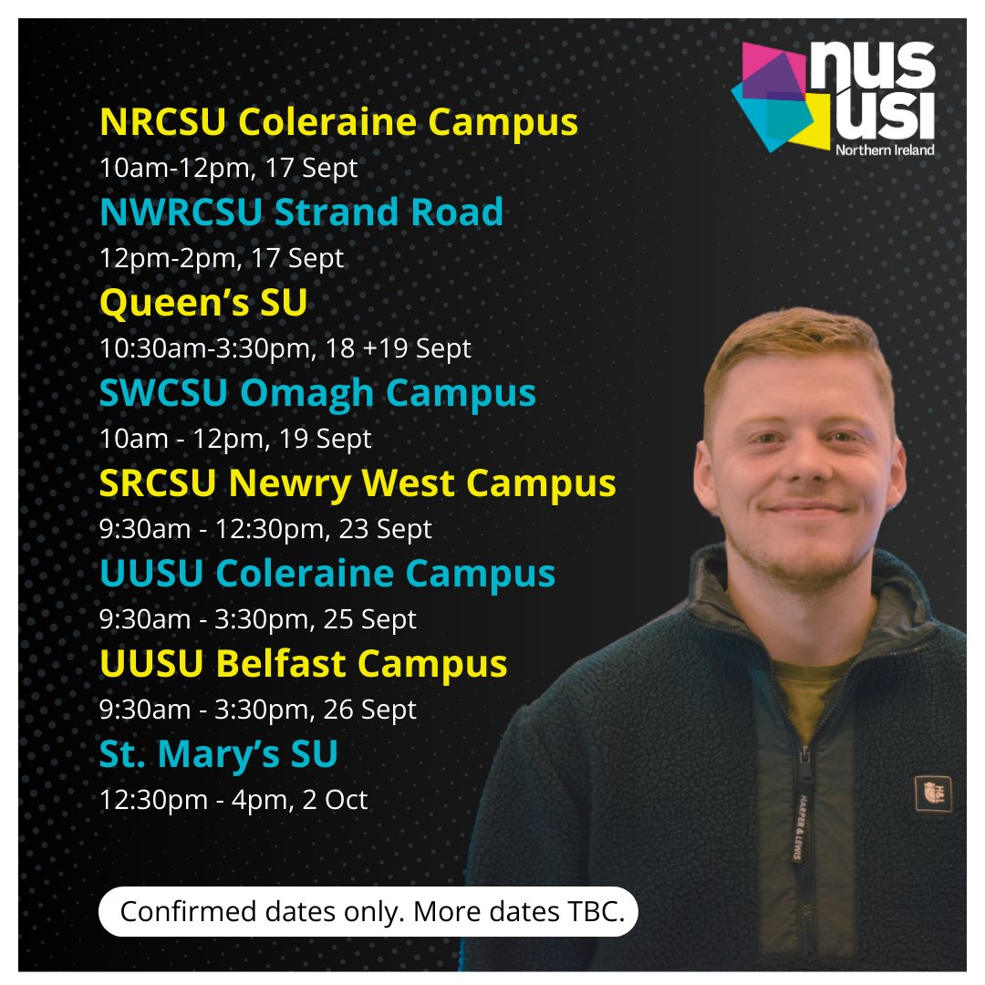 Forget the Oasis tour 💁 the next 4 weeks are all about the NUS-USI Freshers' Tour!

We can't wait to visit a campus near you in September and October🎉🎉 Come along to hear more about our campaign for students in Northern Ireland and how you can get involved 📢📢

#Freshers2024