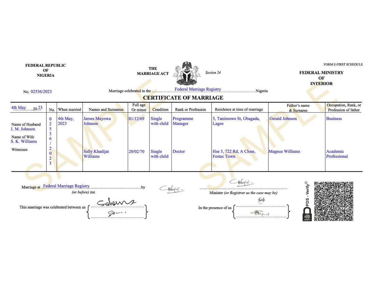 pdsecure's tweet photo. @IndependentNGR What if @MinOfInteriorNG issued digital marriage, birth and even death certificates like this mockup sample below? Easily verifiable by scanning encrypted QR code with a camera device ANYTIME, EVERYTIME, EVERYWHERE...EVEN WITHOUT DATA. This i'm sure will save time and resources. https://t.co/wJIxgiwwEl