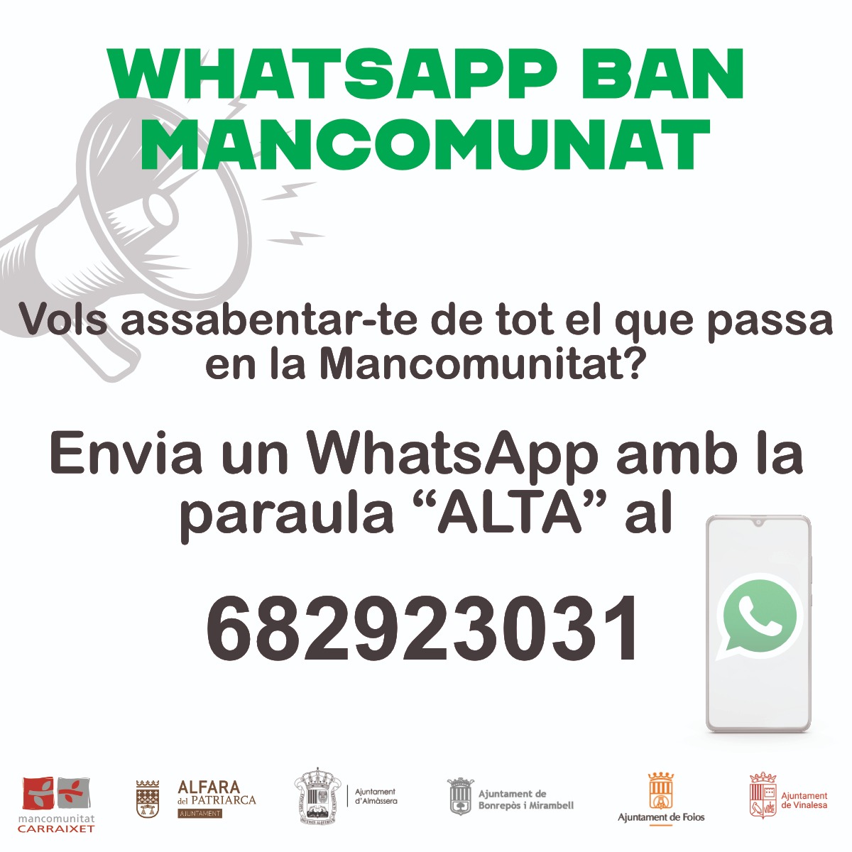 🤔Vols assabentar-te de tot el que passa en la #MancomunitatdelCarraixet?

📲Sol·licita el WhatsApp Ban Mancomunat enviant la paraula “ALTA” al 682923031.
I uneix-te a la #Mancomunitat més pròxima.

+info: mancocarraixet.es/es/content/wha…