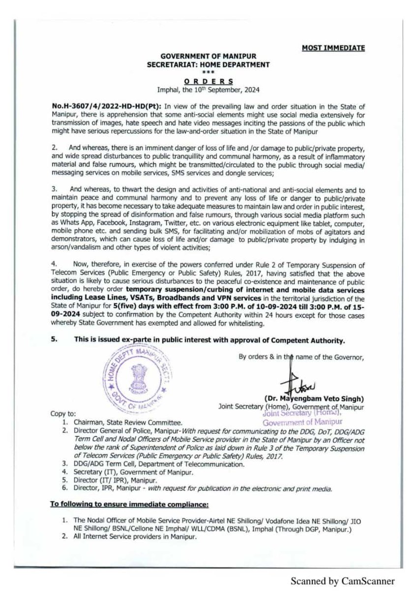 Gunachandra6's tweet photo. Temporary Suspension/Curbing Of Internet And Mobile Data Services Including Lease Lines, VSATS, Broadbands And VPN Services In The Territorial Jurisdiction Of The State Of Manipur For 5 (Five) Days With Effect From 3:00 P.M. Of 10-09-2024 Till 3:00 P.M. Of 15- 09-2024. https://t.co/CBE503I9QR