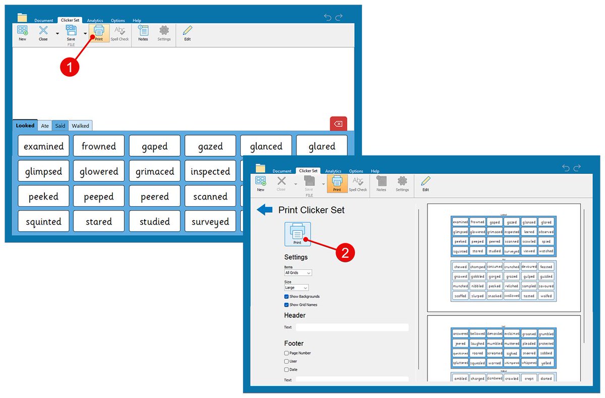We are often asked if Clicker Sets can be printed out and the answer is yes! 😊
1. Open your Clicker Set --> select Clicker Set --> Print. 
2. Navigate to Settings --> select your printing preference and customise --> Print.
It’s as simple as that! #ClickerTopTip