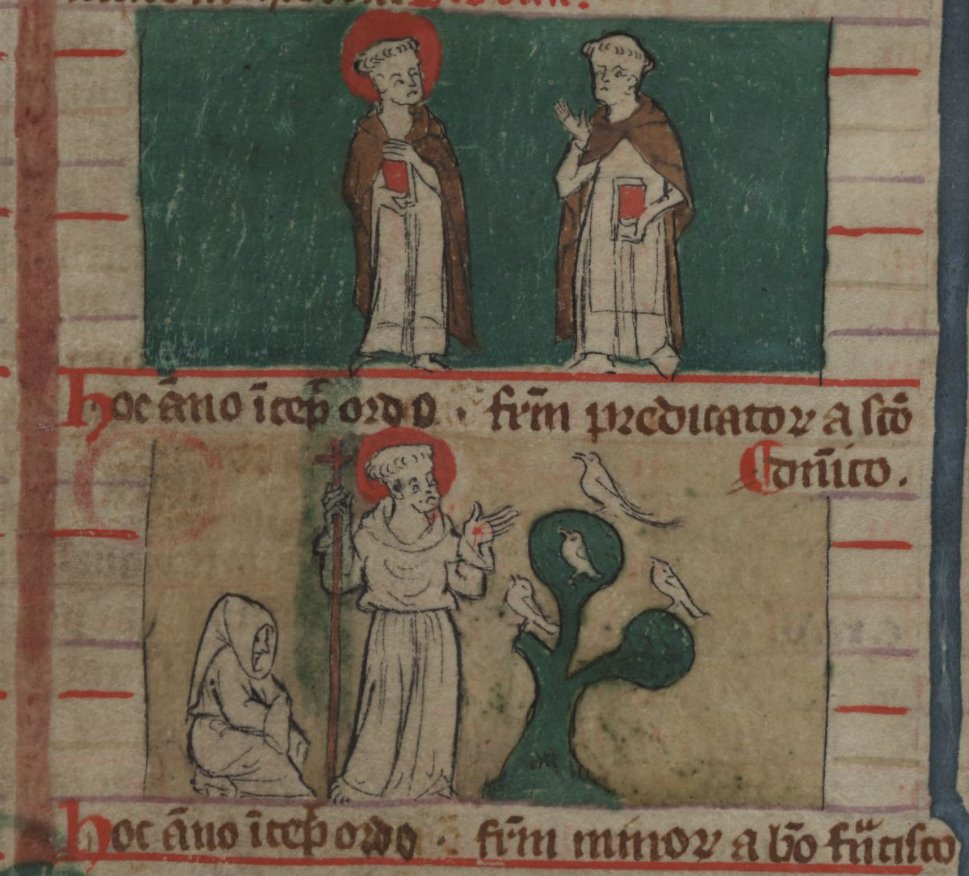 ParkerLibCCCC's tweet photo. A copy of the annals of the world, the Scala Mundi (Ladder of the World), depicts the foundation of the Dominican and Franciscan orders. 

Saintly halo identifies St Dominic with his book, and St Francis preaching to the birds  

CCCC MS 194, f. 71r
https://t.co/f42q93zsLs https://t.co/fNqT92rlTO