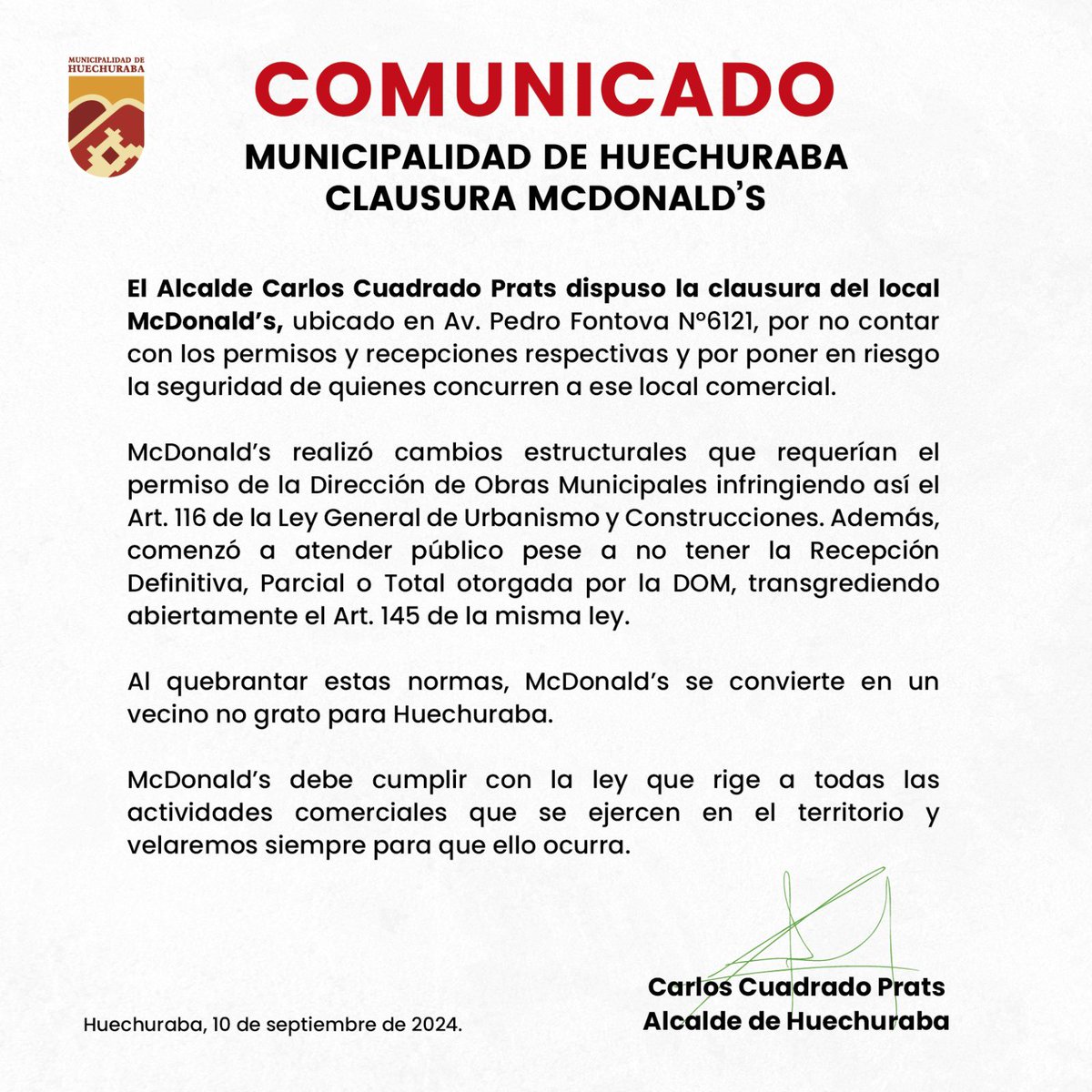 COMUNICADO OFICIAL: CLAUSURA MCDONALD'S AV. PEDRO FONTOVA Nº 6121

Información importante.