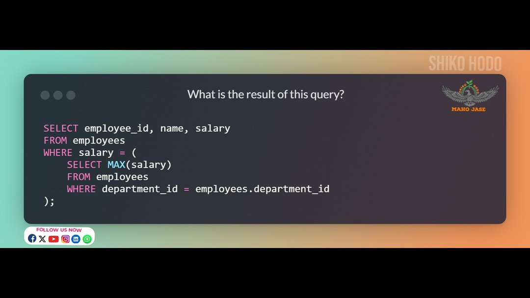 mahojase's tweet image. Find top earners in each department using correlated subqueries!
.
.
.
#MySQL #SQLQuery #CorrelatedSubquery #AdvancedSQL #DataAnalysis
