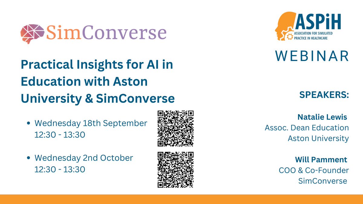 ASPiH (@aspihuk) on Twitter photo New #ASPiH Hosted Webinar!
“Practical Insights for AI in Education with <a href="/AstonUniversity/">Aston University</a> & <a href="/Simconverse/">SimConverse</a>"
· 18 September, 12:30 - 13:30
events.teams.microsoft.com/event/37bf1c94…
· 2 October, 12:30 - 13:30
events.teams.microsoft.com/event/fad32116…
#Simulation New #ASPiH Hosted Webinar!
“Practical Insights for AI in Education with <a href="/AstonUniversity/">Aston University</a> & <a href="/Simconverse/">SimConverse</a>"
· 18 September, 12:30 - 13:30
events.teams.microsoft.com/event/37bf1c94…
· 2 October, 12:30 - 13:30
events.teams.microsoft.com/event/fad32116…
#Simulation