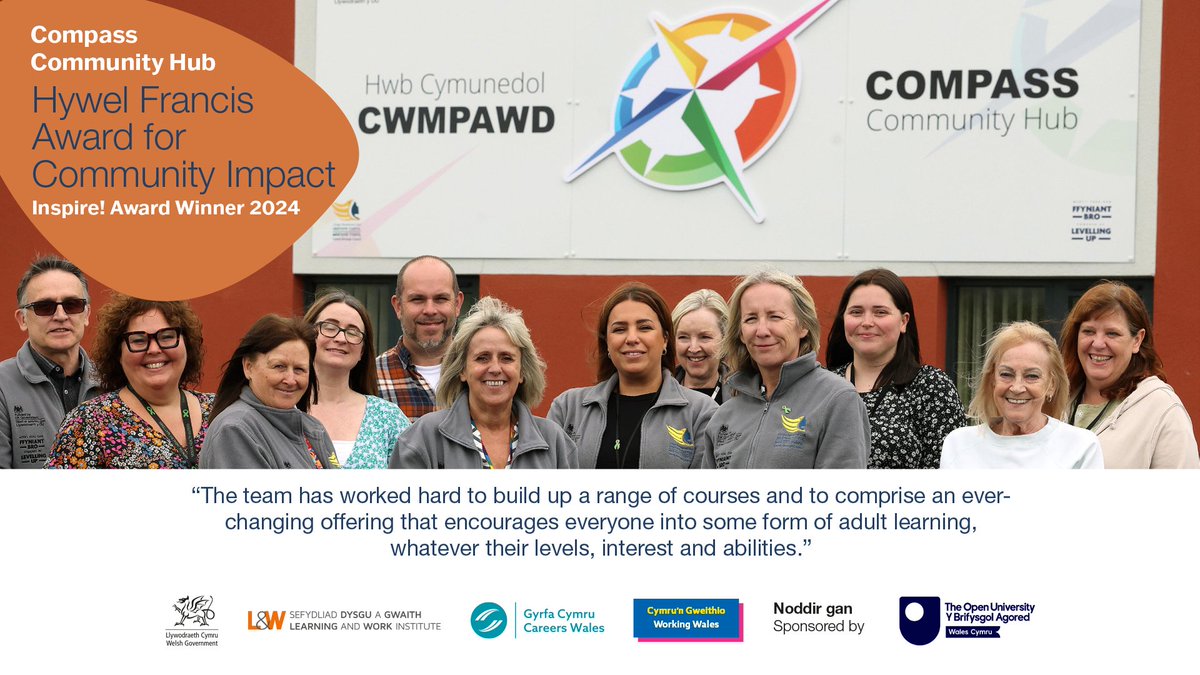 LearnWorkCymru's tweet image. 📢Huge congratulations to Compass Community Hub @CompassComHub winner of the Hywel Francis Award for Community Impact.✨🥳

Award sponsor: @OUCymru 
 
🔖Read / watch the full story:
youtu.be/Rs4IJND1hRA
 
#InspireCymru24 #neverstoplearning