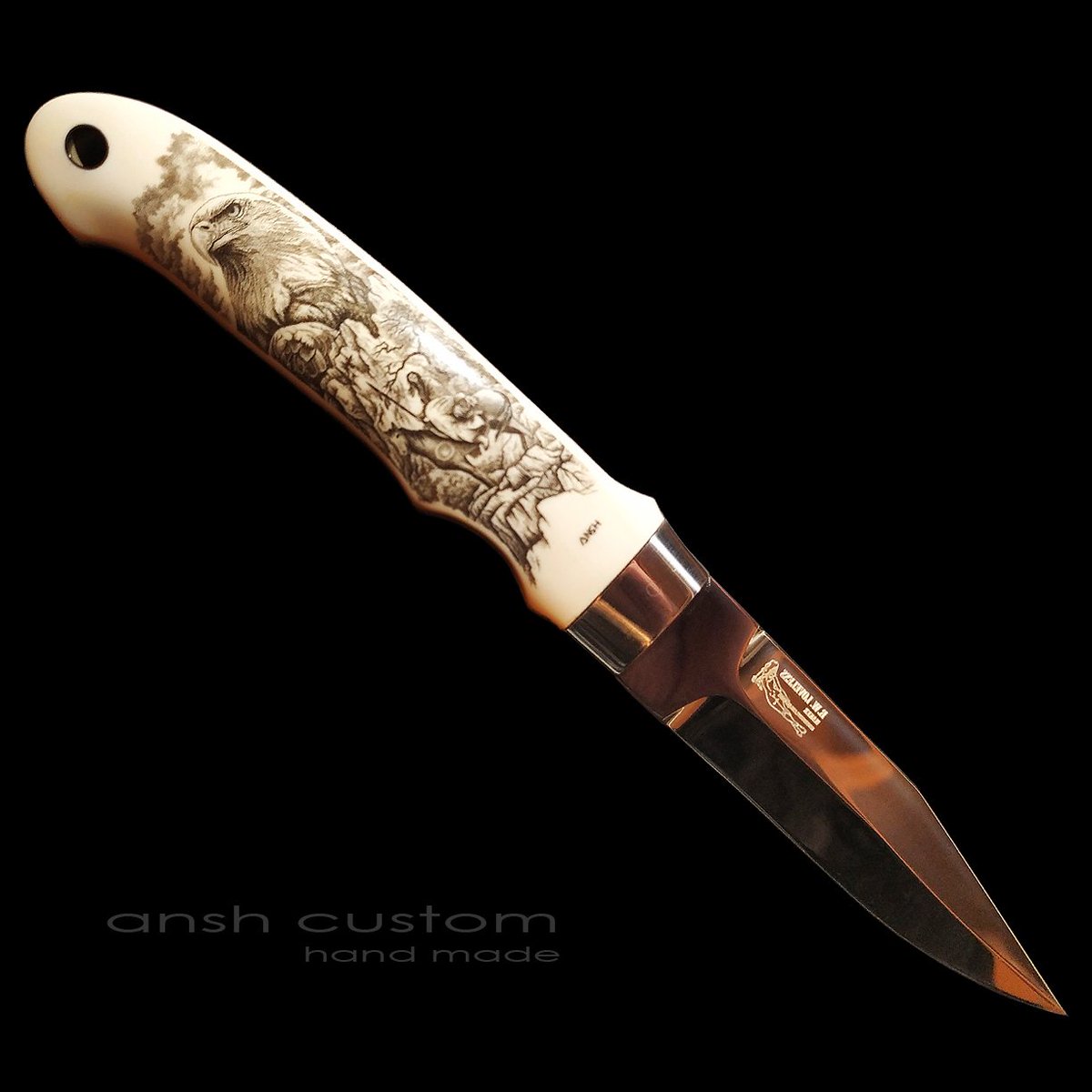 "Eagle spirit". scrimshaw on the handle of a Bob Loveless knife. handmade. in a single copy. is in a private collection

#ansh_custom #scrimshaw #bulino #engraving #knife #knives #collection #eagle #hunter #handmade #loveless #single_copy #wild_west #navi