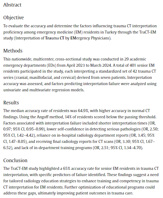 A nationwide analysis of emergency medicine residents' CT interpretation in trauma: The Tract-EM study 📚
Conducted in 29 academic EDs with 401 senior residents 🏥
Read more: doi.org/10.1016/j.ajem…