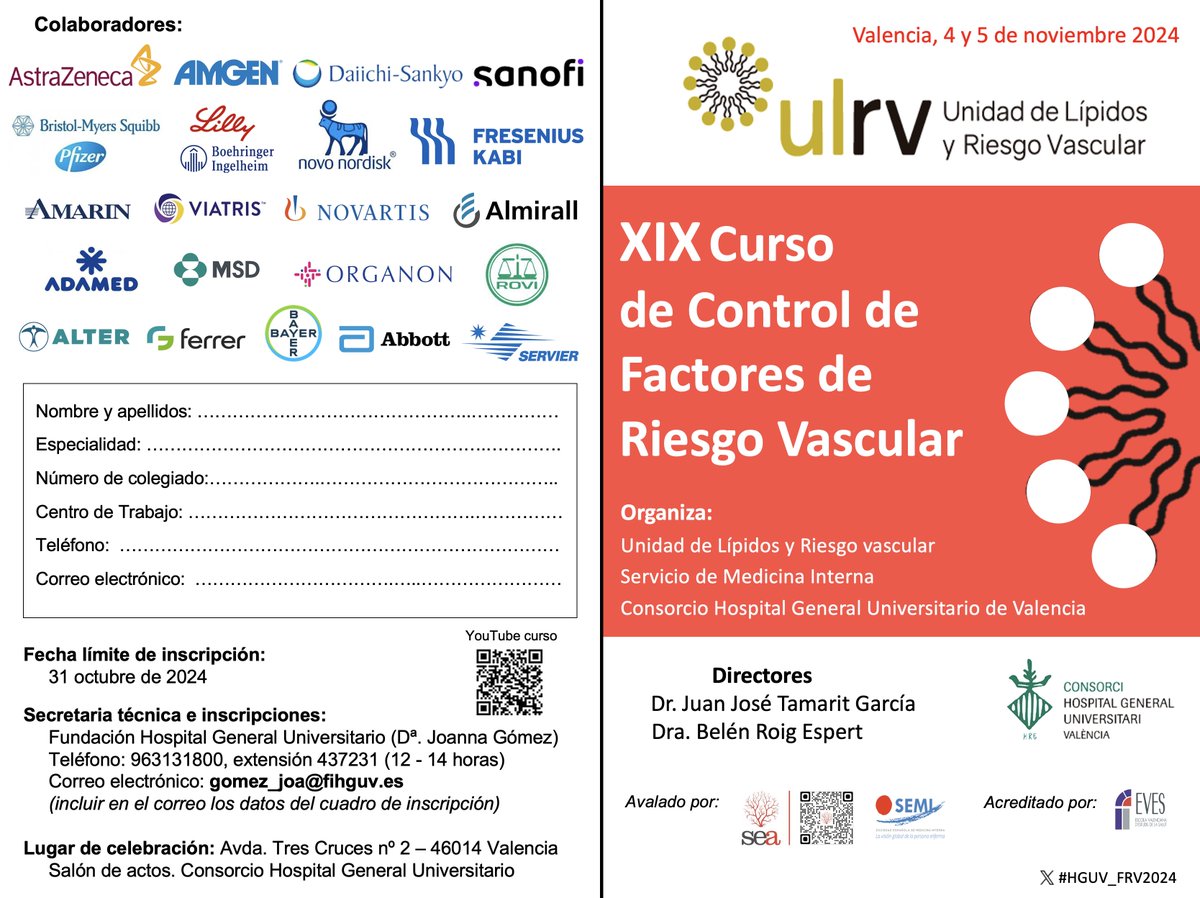 BRoigEspert's tweet photo. Reservad el 4 y 5 de noviembre de 2024 para acudir al XIX Curso Control de FRV del @HGUVALENCIA
con el lema "TV: Salud y riesgo vascular" 
@Jj_Tamarit @61Morillas @yulnunezvill @JCosinSales @mi_cardiologo @jopesilver @Beatrizvoltas1 @FrancescPuchad1 @semi @sea_es @cristinipulis https://t.co/plyTfmRcFM