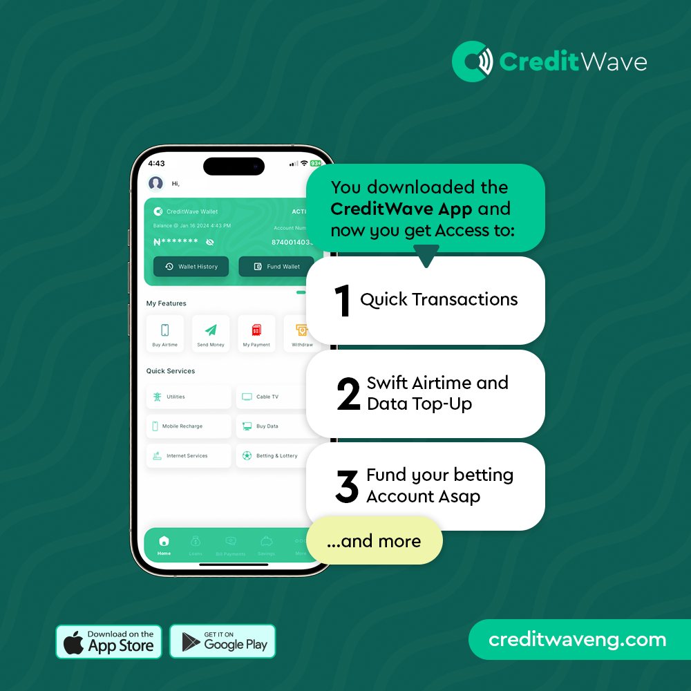 🚀 Get instant access to seamless transactions with CreditWave App! 💸

Top-up airtime &amp; data swiftly, fund your betting accounts in seconds and enjoy quick transactions all in one place.
.
.
.
#CreditWave #QuickTransactions #AirtimeTopUp #DataTopUp #BettingAccountFunding