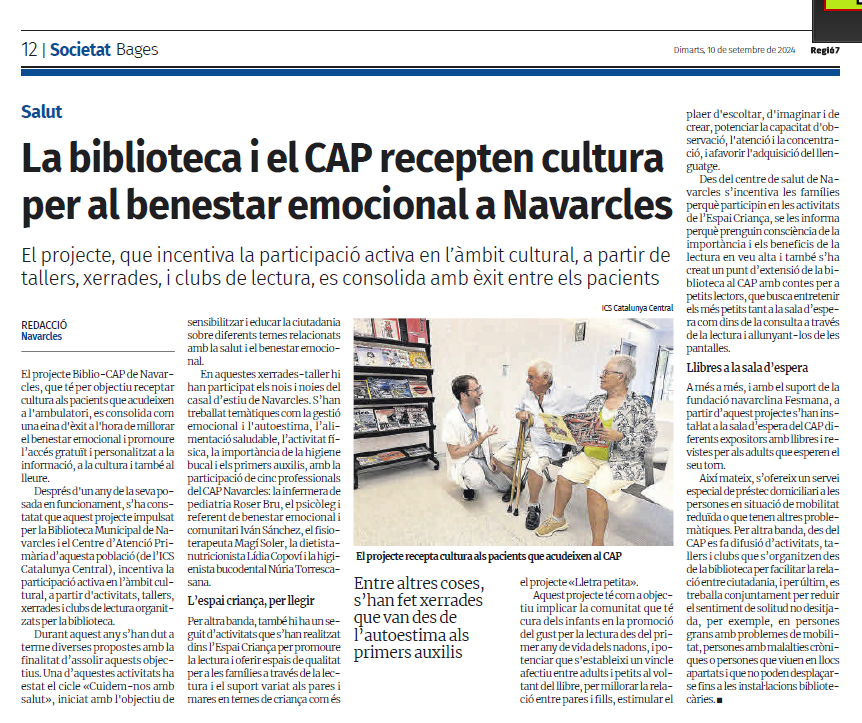 bnavarclessv's tweet photo. Avui, el diari Regió 7 es fa ressò del projecte compartit amb el CAP: un treball conjunt teixit de moltes complicitats. 📚 Gràcies! #Fesmana #Ibada #EspaiCriança
#BiblioCAP @bibliotequesXBM @icscatcentral @ajnavarcles #bibliotequexbm @bibliotequescat https://t.co/YefMcLO9xM