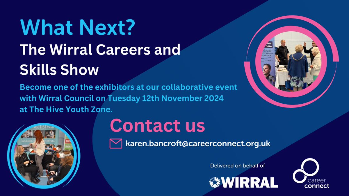 Together with <a href="/WirralCouncil/">Wirral Council</a> we're hosting The #Wirral Careers and Skills Show and we're searching for more exhibitors.

If your company wants to help present post-school opportunities, you're who we're after!🫵

Interested? Enquire with karen.bancroft@careerconnect.org.uk📨