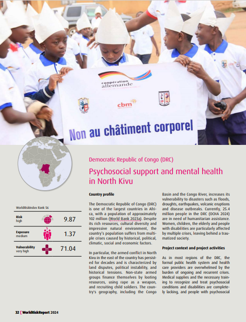 cbmWorldwide's tweet photo. The new @DasBuendnis #WorldRiskReport 2024 has been published - this year on the focus topic #MultipleCrises. On pages 32 + 33 you will find an article by our #CBM colleague Evi Befus on ‘Psychosocial support and mental health in North Kivu’ in DR Congo: https://t.co/HuSytIpFlZ https://t.co/KYUHwaigXA
