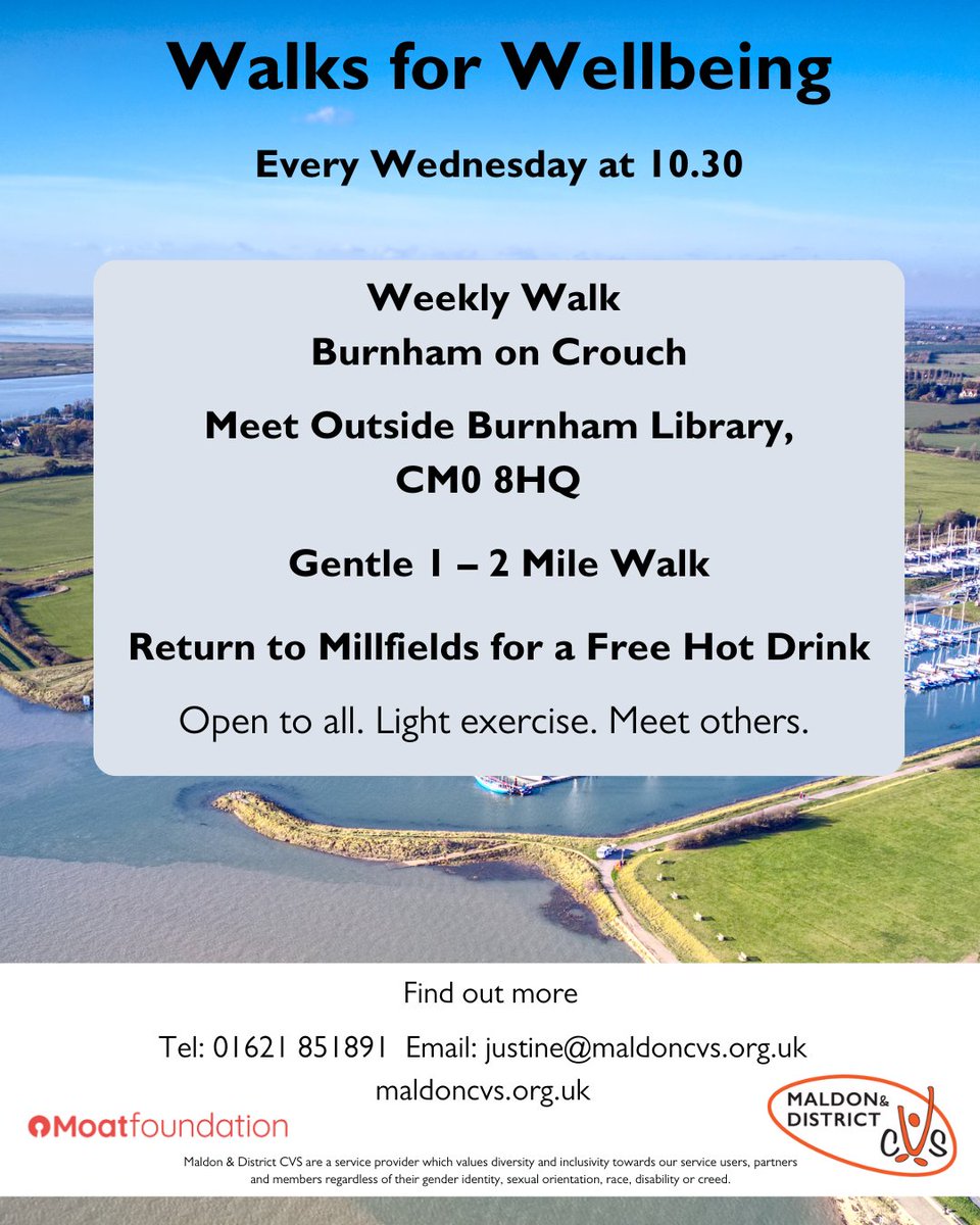 MaldonCVS's tweet photo. Join us for our weekly walk in Burnham. These take place every Wednesday meeting outside Burnham Library at 10.30am. These gentle walks are open to all and are accessible for mobility scooters. #Burnham #WeeklyWalk https://t.co/XogrPoesEc