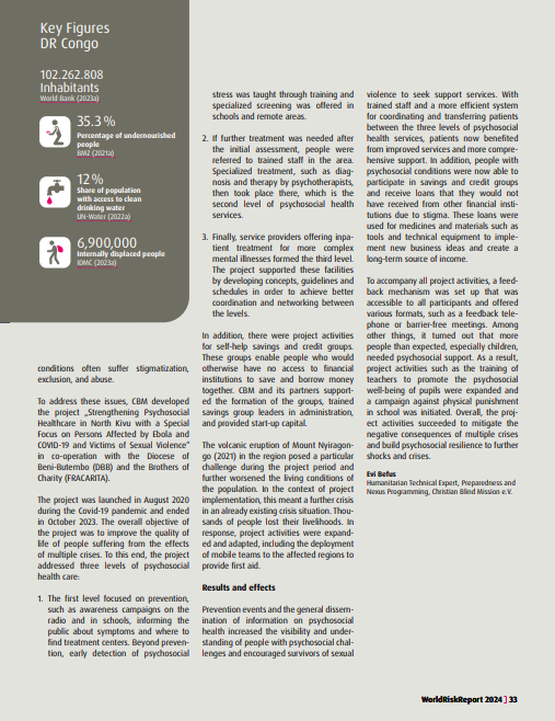 cbmWorldwide's tweet photo. The new @DasBuendnis #WorldRiskReport 2024 has been published - this year on the focus topic #MultipleCrises. On pages 32 + 33 you will find an article by our #CBM colleague Evi Befus on ‘Psychosocial support and mental health in North Kivu’ in DR Congo: https://t.co/HuSytIpFlZ https://t.co/KYUHwaigXA
