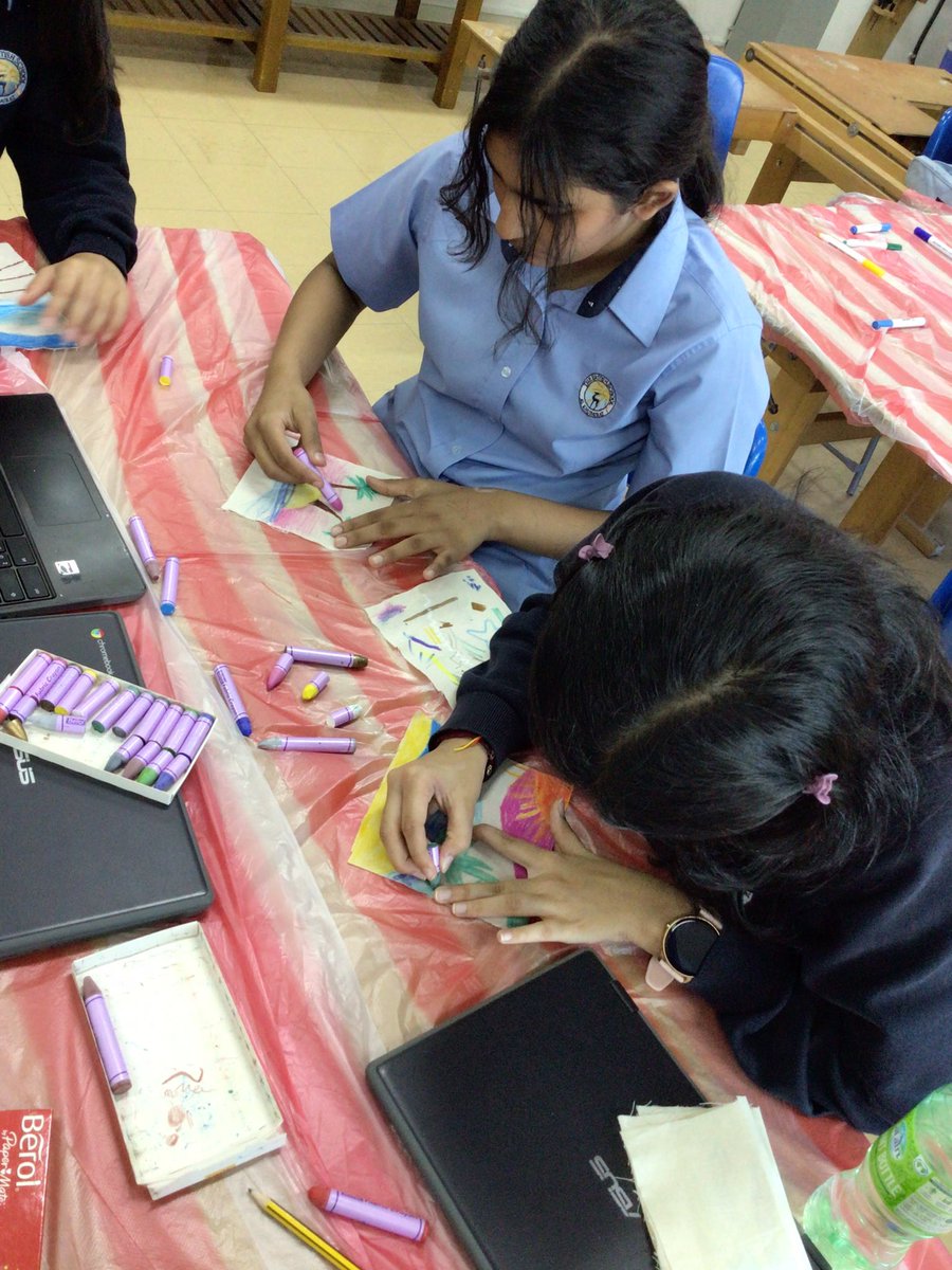 BSAKTechnology's tweet photo. Welcome back to the new school year! Year 9 textiles students have been experimenting with color techniques, initially exploring Crayons, Markers, Stamps and Stencils. Some excellent creativity shown here! Well done year 9! 

#bsakdt
@BSAKAbuDhabi 
@BSAKyear9 https://t.co/2GAXKmTvN9
