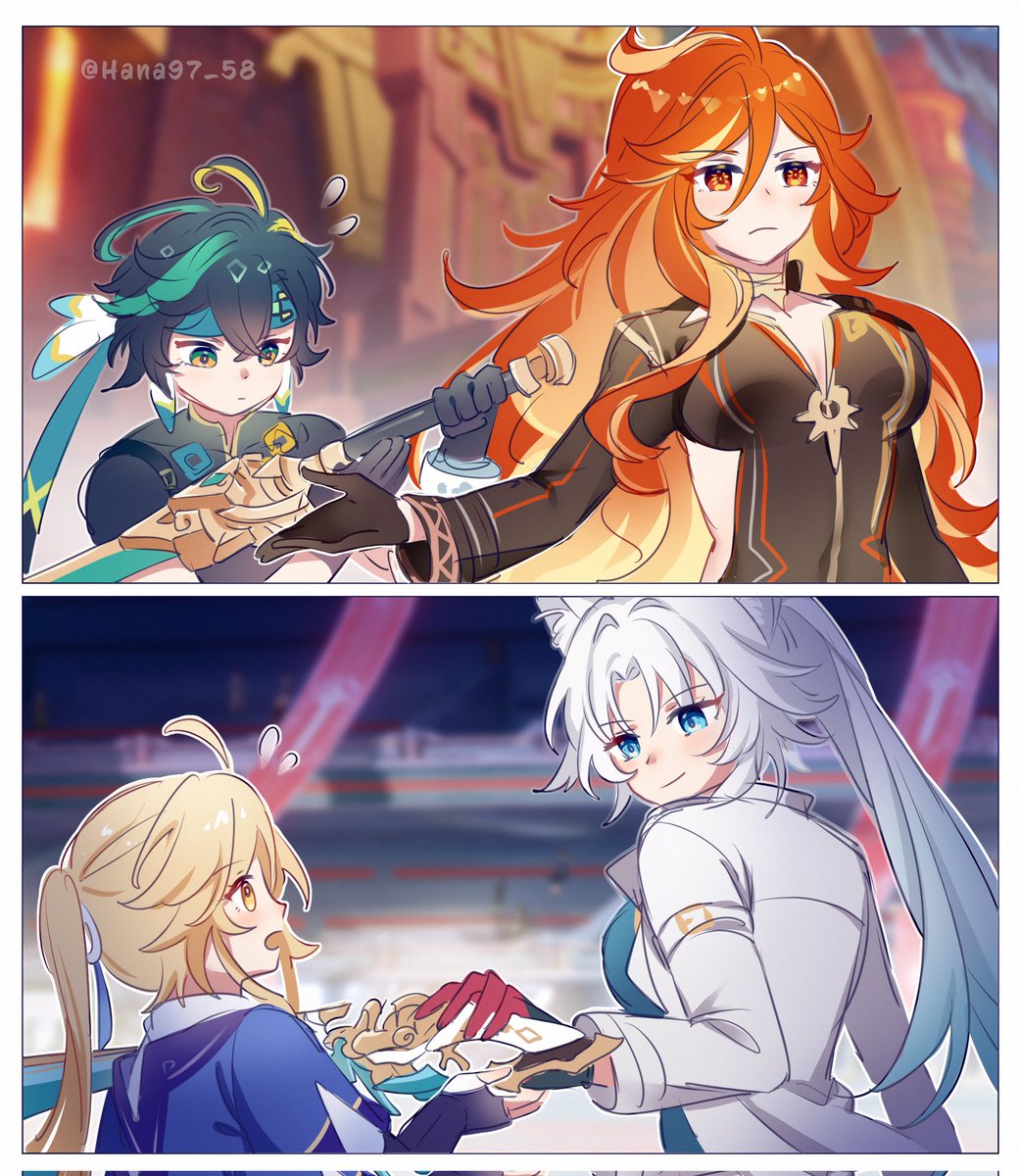hana97_58's tweet photo. Genshin has mommy Mavuika take Kinich's sword
Star Rail has mommy Feixiao give her sword to Yanqing 😂

#GenshinImpact #HonkaiStarRail https://t.co/EQZ1CwVYUu