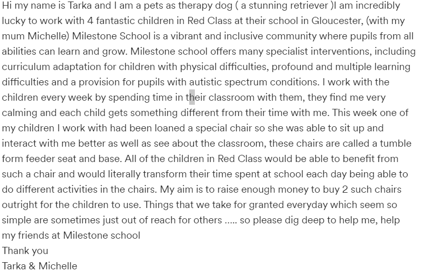 TheMilestoneSch's tweet photo. Can you help them to reach their target of two chairs with bases...
https://t.co/ILb99fPteI
The children love to see Tarka & can benefit so much more if they are sitting more upright
Any donation you can make would be so gratefully received
#TheFriendsof @TheMilestoneSch https://t.co/BFJUrbZHNO