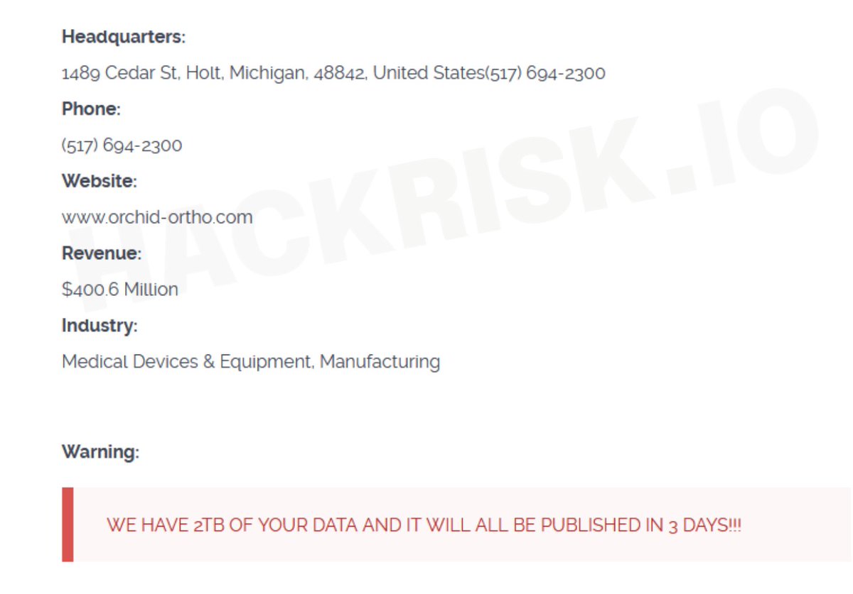 H4ckmanac's tweet photo. 🚨Cyberattack Alert ‼️ - 🇺🇸Orchid Orthopedic Solutions

The hacking group Cl0p claims to have breached Orchid Orthopedic Solutions. 

Allegedly, 2 TB of data were exfiltrated. https://t.co/lMakKrrcxB