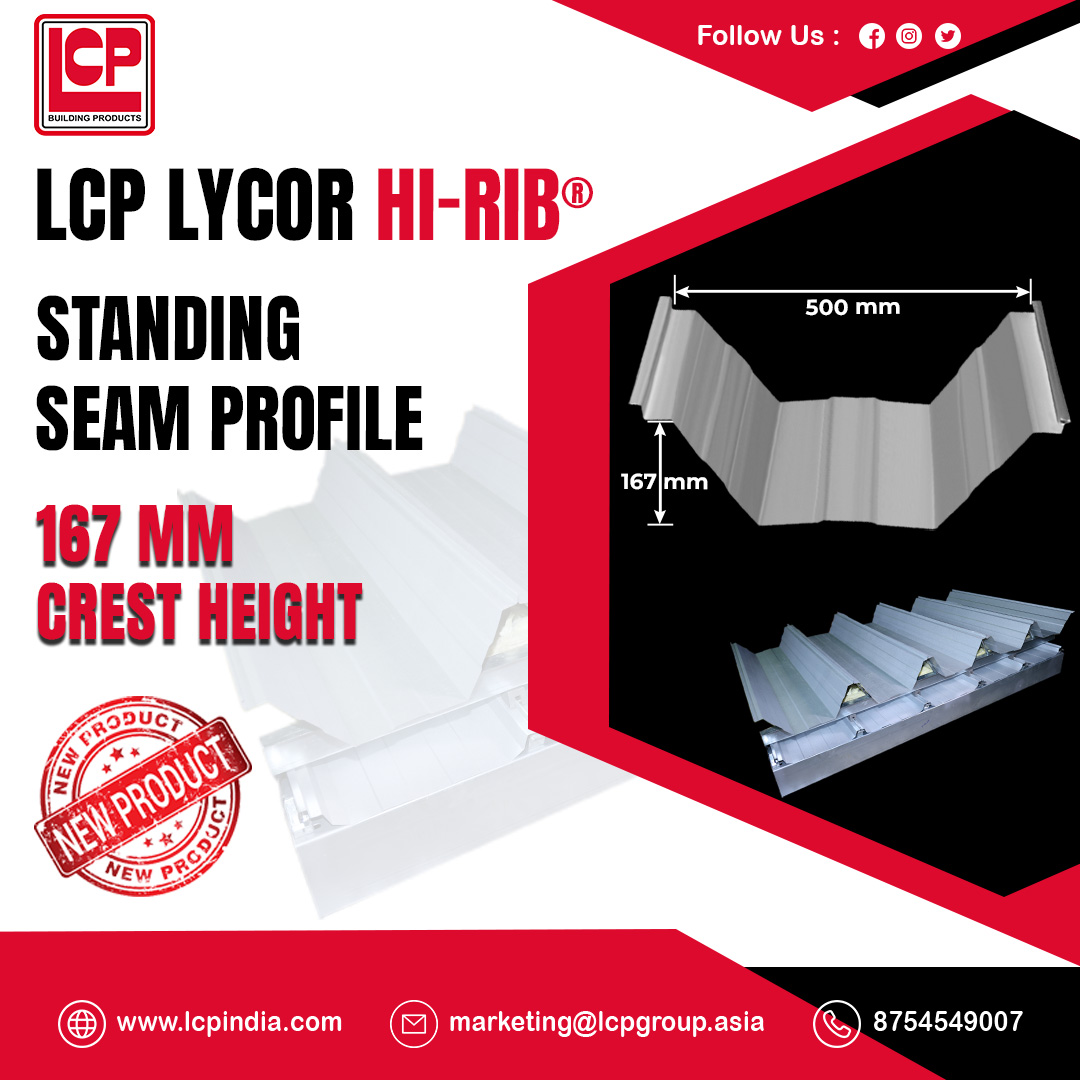 IndiaLcp's tweet image. The LCP LYCOR HI-RIB® standing seam roof profile offers a remarkable spanning capacity of up to 500 mm and a crest height of 167 mm. Secured with a robust electric seaming machine, it delivers exceptional resistance to wind uplift forces and foot traffic.
#lycorhirib #roofsheet