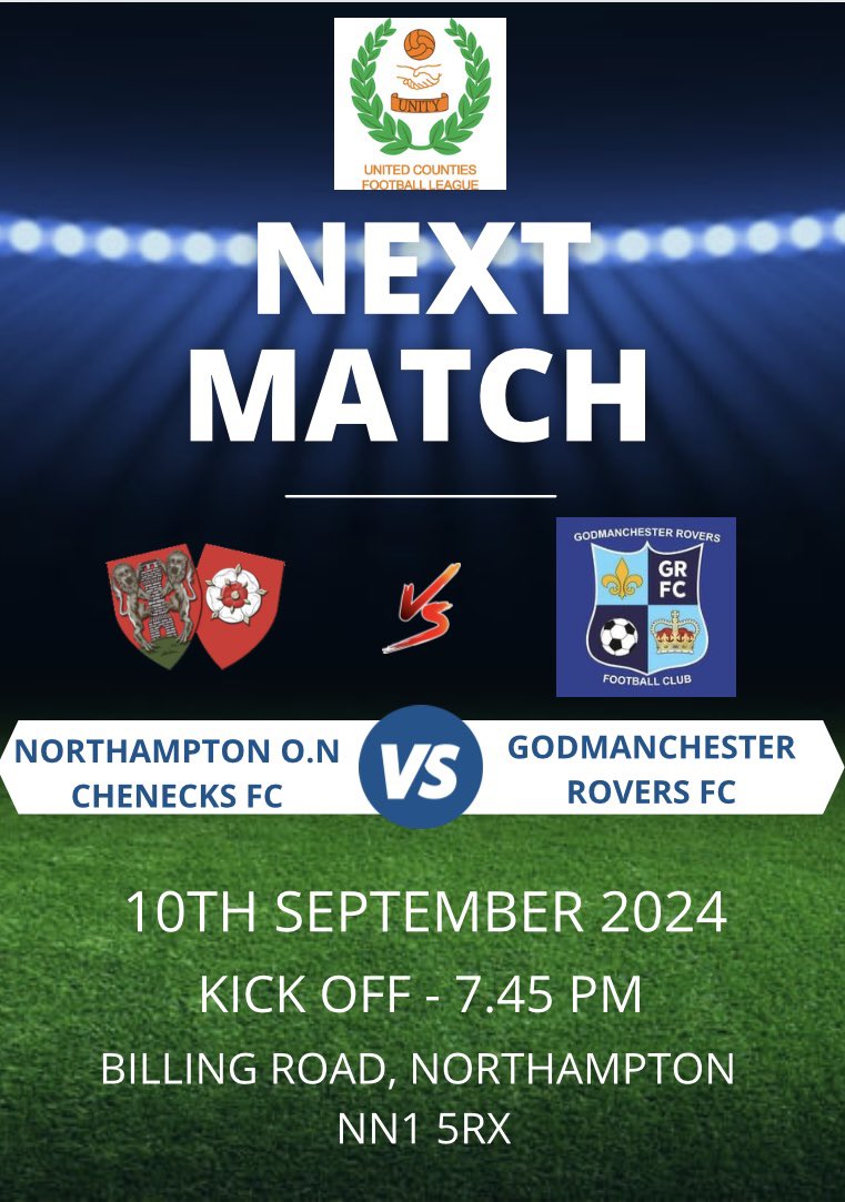 Match Day 💙⚽️💙

We travel to <a href="/ONChenecksFC1/">Northampton O.N. Chenecks</a> this evening 7.45pm kick off, get along and support the lads 💙⚽️💙 
<a href="/GoddyNews/">Godmanchester Rovers News</a> <a href="/UCLFanZone/">UCL Fan Zone</a> <a href="/utdcos/">UCL</a> <a href="/HuntsFA/">Huntingdonshire FA</a> <a href="/squeezefootball/">Squeeze</a>