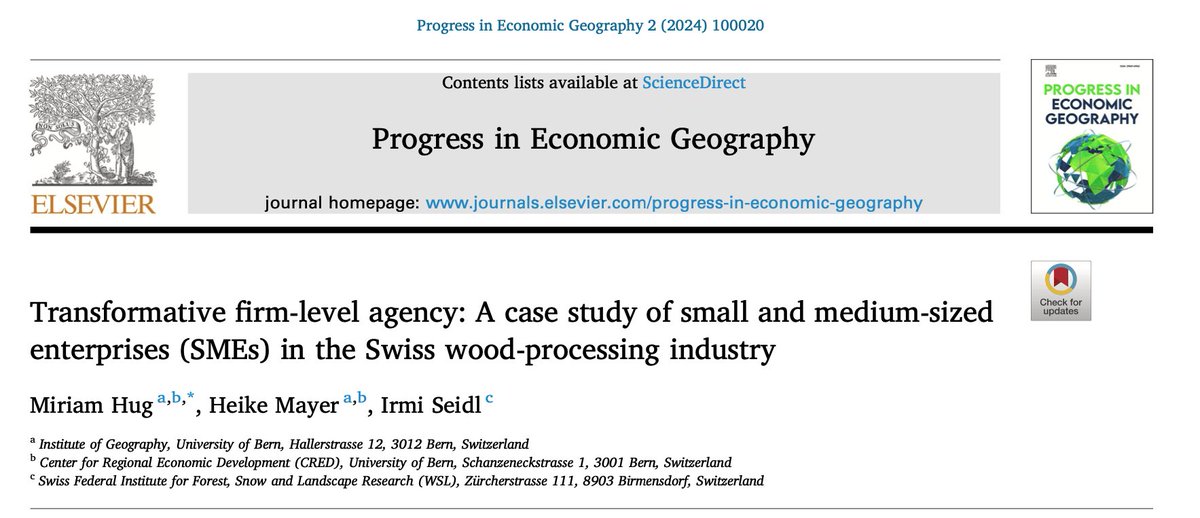 Progress in Economic Geography (PEG) (@progecongeo) on Twitter photo 🌳New Open Access Alert!🌳
"'Transformative firm-level agency: A case study of small and medium-sized enterprises (SMEs) in the Swiss wood-processing industry"
by Miriam Hug, <a href="/HeikeMayer12/">Heike Mayer</a>, Irmi Seidl
↪️sciencedirect.com/science/articl… 🌳New Open Access Alert!🌳
"'Transformative firm-level agency: A case study of small and medium-sized enterprises (SMEs) in the Swiss wood-processing industry"
by Miriam Hug, <a href="/HeikeMayer12/">Heike Mayer</a>, Irmi Seidl
↪️sciencedirect.com/science/articl…